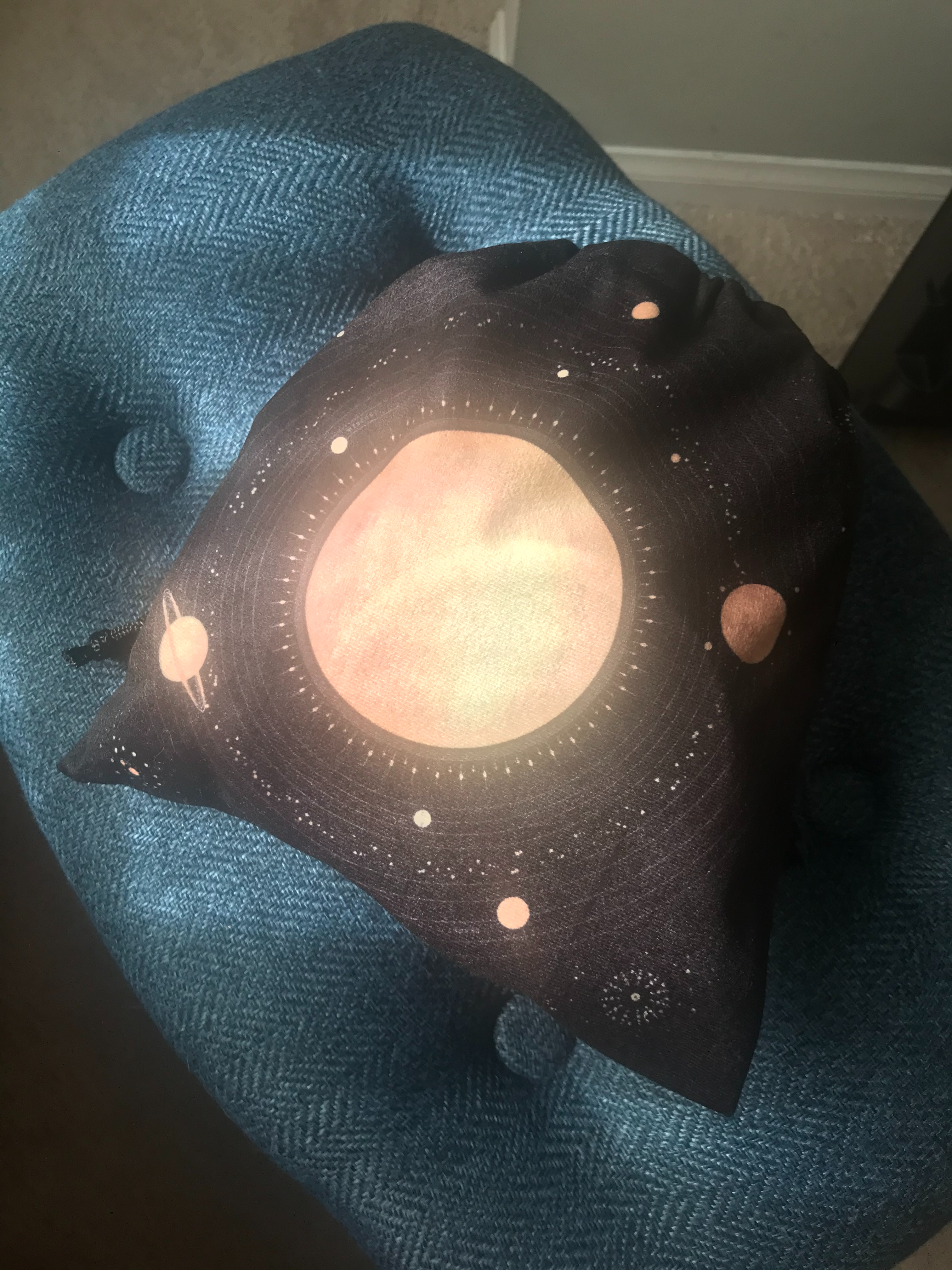 Velvet bag, LARGE: Planets and Solar System, large 9.5 inches x 9.5 inches, Black Velvet